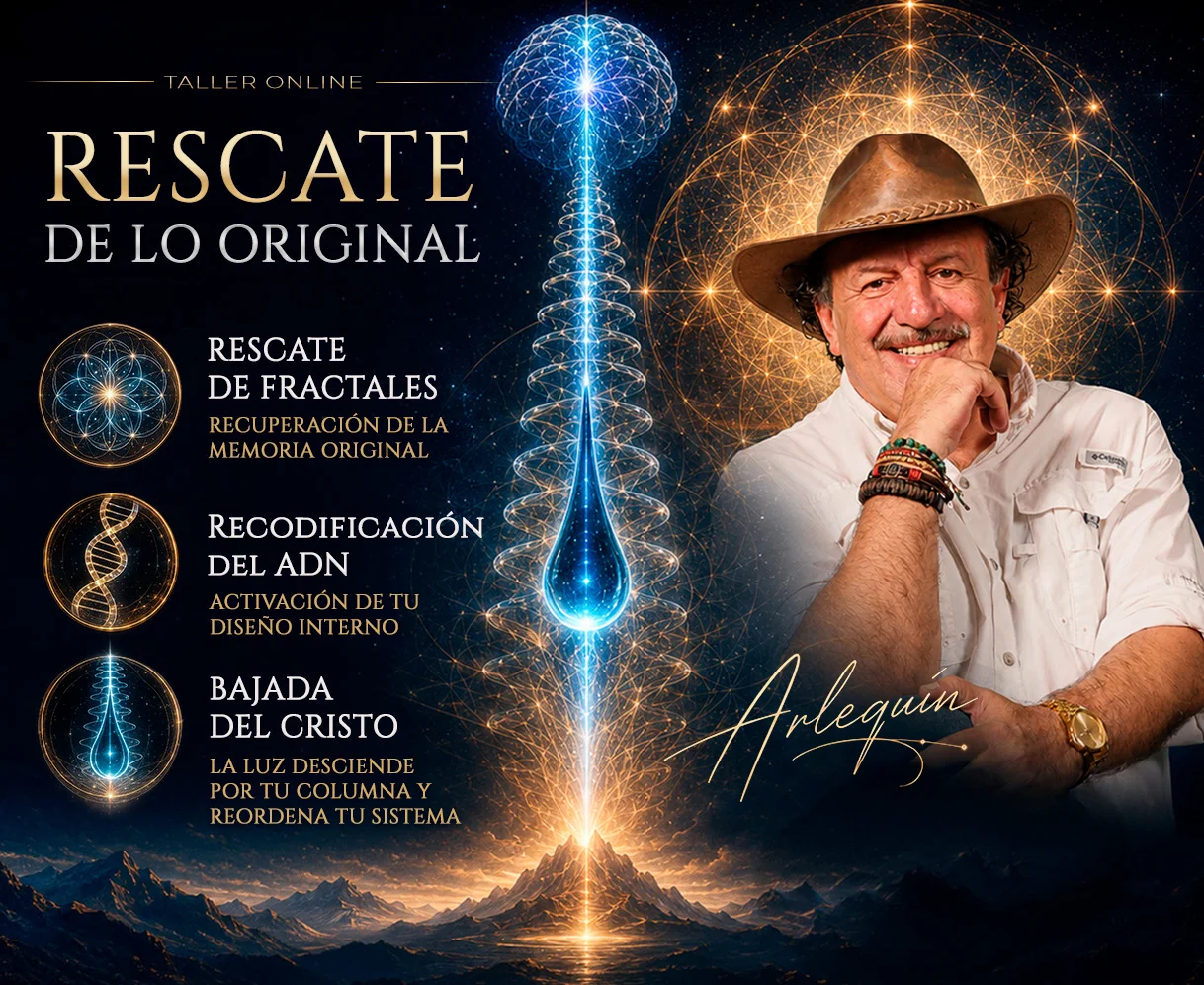Taller online Rescate de lo Original. Rescate de fractales: recuperación de la memoria original. Recodificación del ADN: activación de tu diseño interno. Bajada del Cristo: la luz desciende por tu columna y reordena tu sistema.